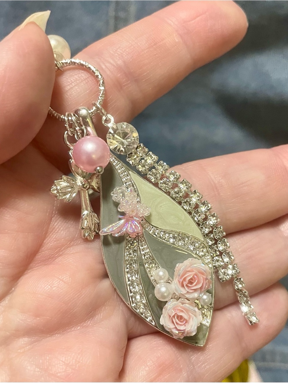 Silver-tone Pink Pearl & Rose Pendant Necklace and Earring Set - Picture 6 of 7